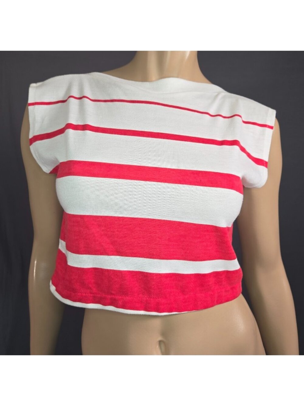 Vintage 80s Cropped  T Shirt Womens S Red White Striped sleeveless Boat Neck